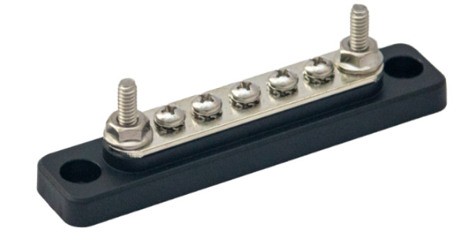 Egis Mobile Busbar, Flat Strip Type, 2 Stud Terminal/ 5 Screw Terminal, 48 Volt DC, 100 Amp, Without Insulated Cover – 6100-205