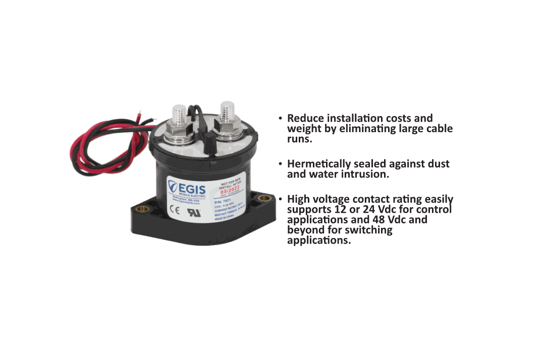 Egis Mobile Electrical Contactor, 250 Amp/ 9 to 36 Volt DC, 1.7 Watt, Single Pole Single Throw Normally Open, M8-1.25 Stud Terminal – 7021