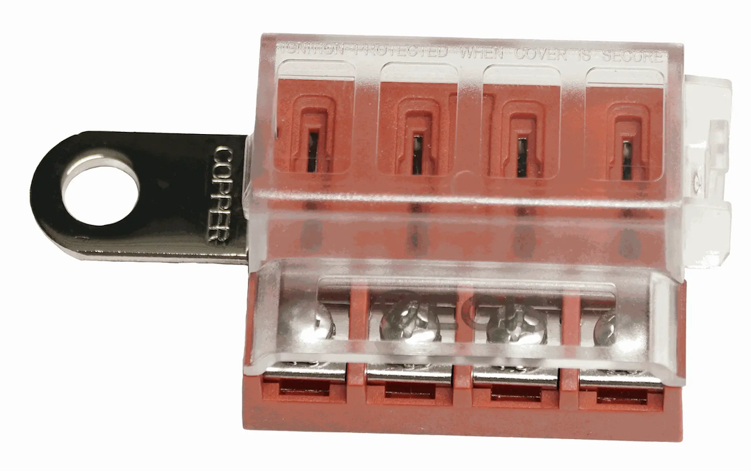 Egis Mobile Fuse Block, 60 Volt DC/ 100 Amp, IN-Line Type, With 4 Circuit Positions, Uses Ato Blade Style Fuses, With Protective Cover – 8023-04