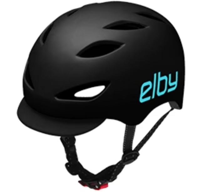 Elby Bikes Bicycle Helmet, Urban Commuter, Open Face, 21-5/8 Inch to 23-1/4 Inch, Black with Blue Logo, 8 Vents, With Visor – E0915ML