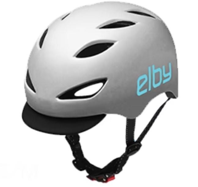 Elby Bikes Bicycle Helmet, Urban Commuter, Open Face, 21-5/8 Inch to 23-1/4 Inch, Putty with Blue Logo, 8 Vents, With Visor – E0916ML