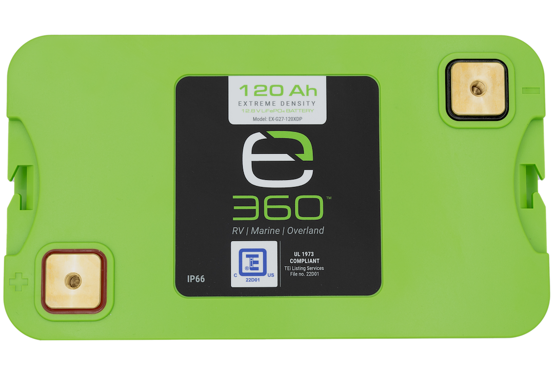 Expion 360 Battery, Group 27, 12.8 Volt DC, Top M8-1.25 Brass Terminal, Lithium, 11.93 Inch Length, 6.81 Inch Width, 8.82 Inch Height – EX-G27-120-XD
