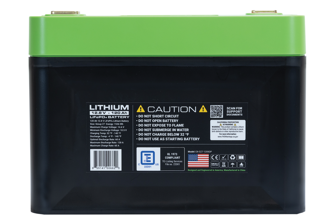 Expion 360 Battery, Group 27, 12.8 Volt DC, Top M8-1.25 Brass Terminal, Lithium, 11.93 Inch Length, 6.81 Inch Width, 8.82 Inch Height – EX-G27-120-XD