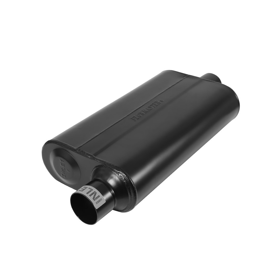 Flowmaster Exhaust Muffler, 50 Series ™ Delta Flow ®, 9-3/4 Inch Width X 4 Inch Height Stainless Steel Case, Single 2-1/2 Inch Offset Inlet – 842551