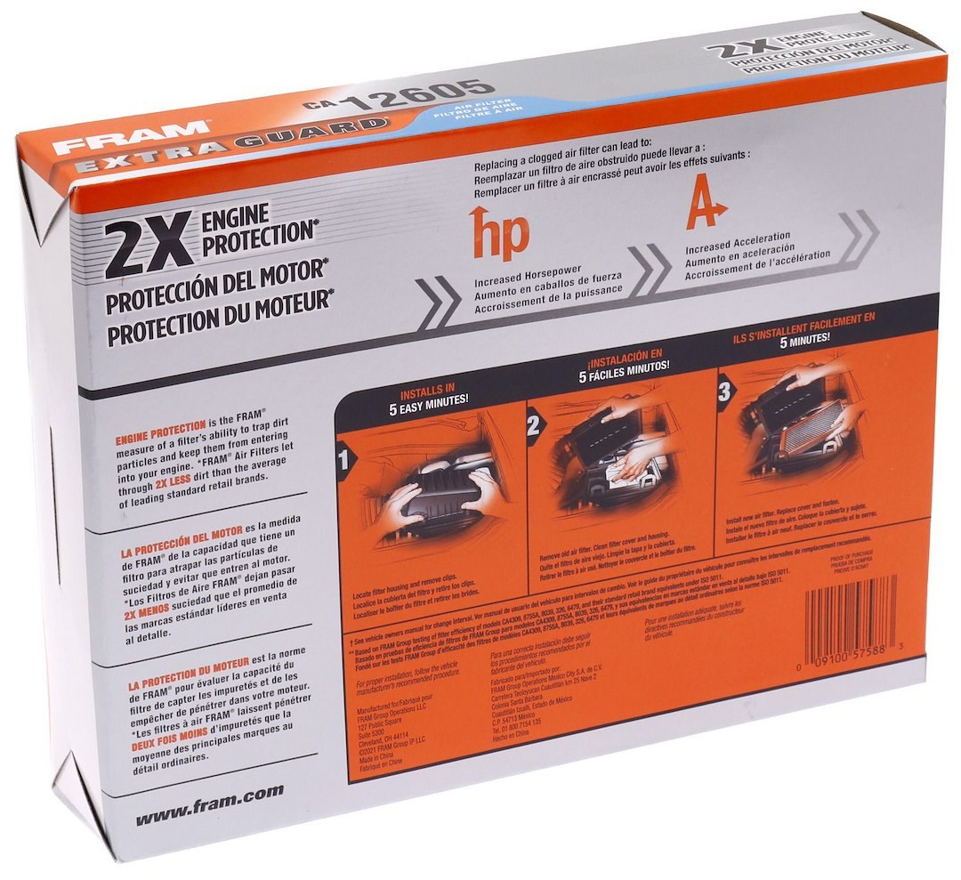 FRAM Air Filter, Extra Guard ®, Synthetic Media, Rectangular Shape, 1.653 Inch Height X 10.118 Inch Length X 7.874 Inch Width – CA12605