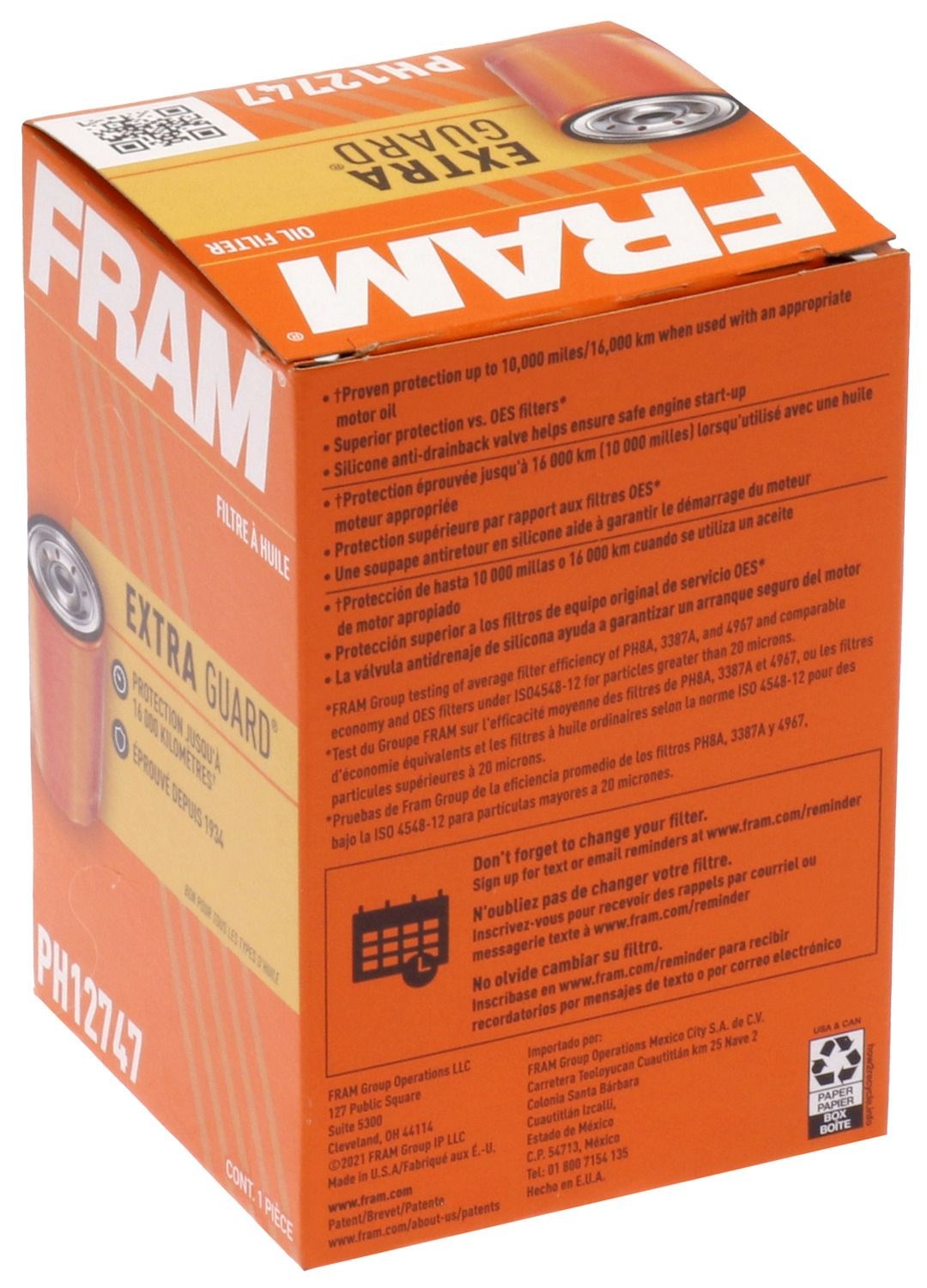 FRAM Oil Filter, Extra Guard®, Spin on Style, Cellulose/ Synthetic Filter Material, With Anti Drain Back Valve – FPH12747