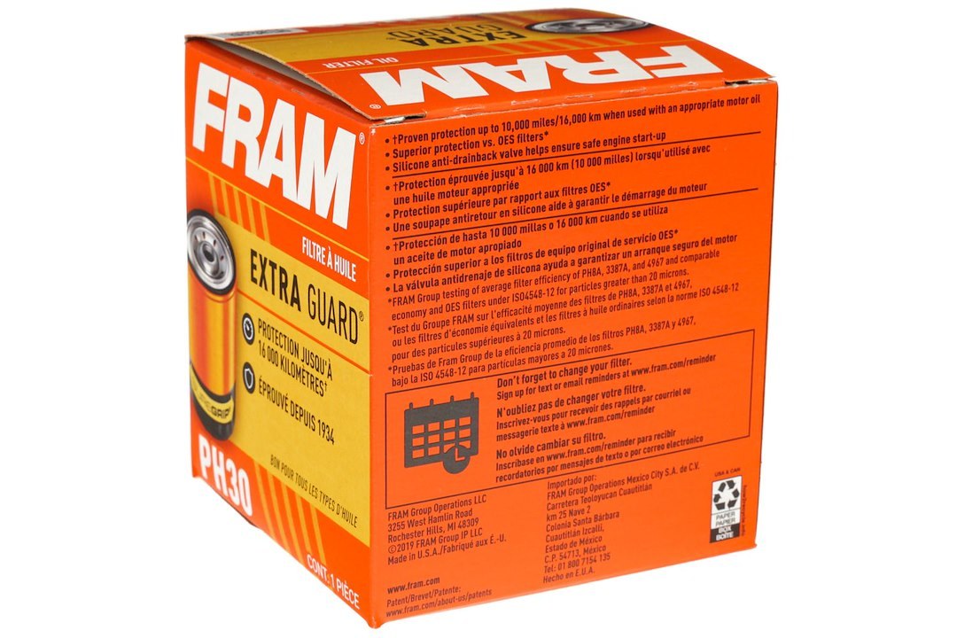 FRAM Oil Filter, Extra Guard®, Spin on Style, Cellulose/ Synthetic Filter Material, Without Anti Drain Back Valve, Without Bypass Valve – FPH30WM