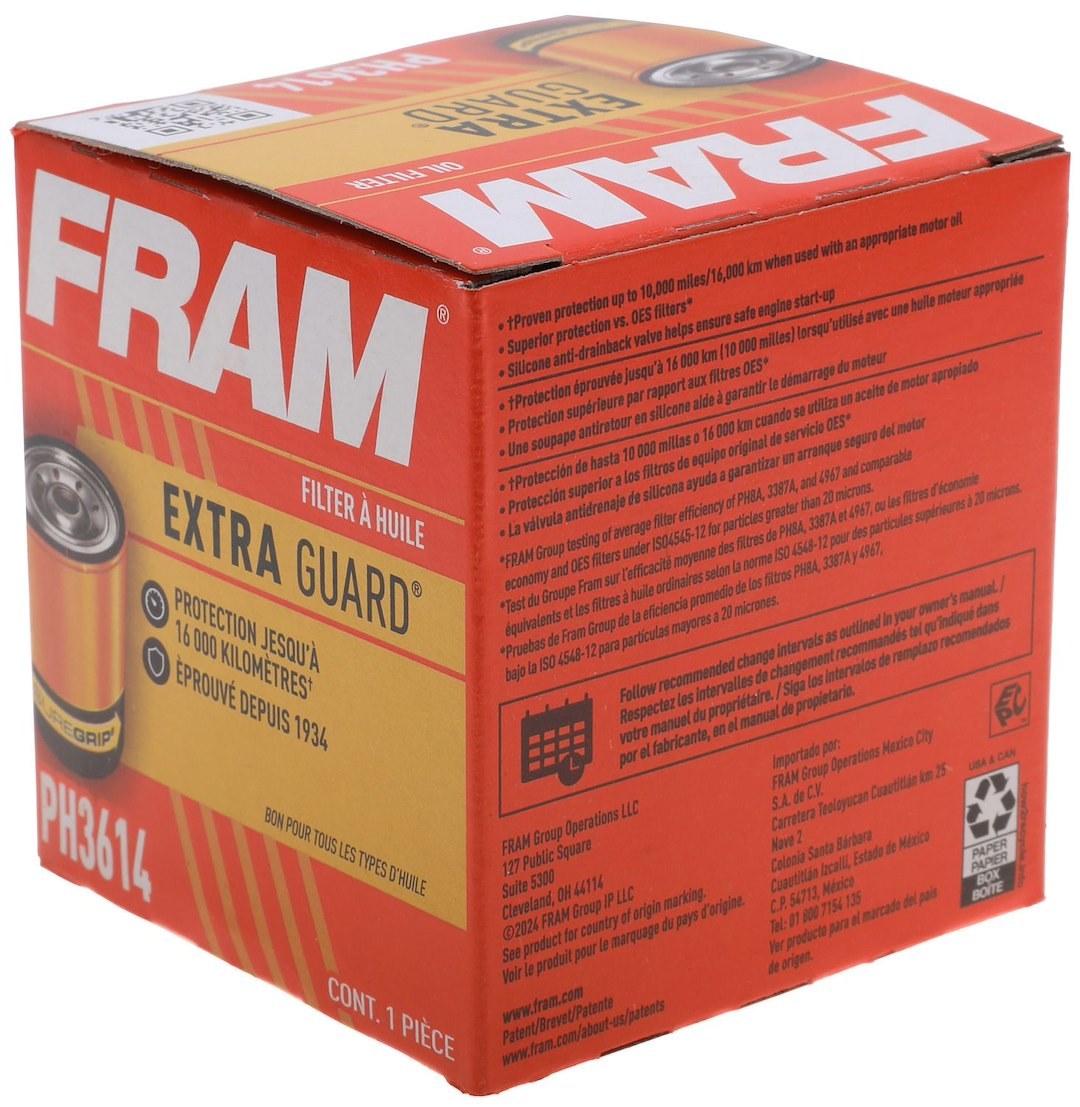 FRAM Oil Filter, Extra Guard®, Spin on Style, Cellulose/ Synthetic Filter Material, With Anti Drain Back Valve, With 12 PSI Bypass Valve – FPH3614WM
