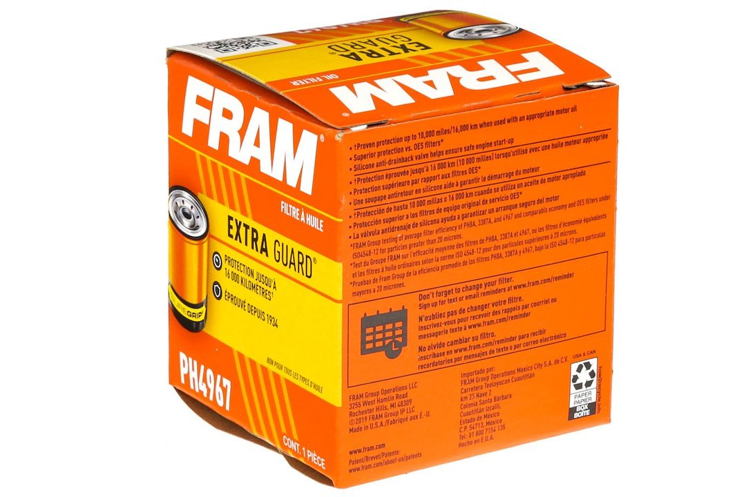 FRAM Oil Filter, Extra Guard®, Spin on Style, Cellulose/ Synthetic Filter Material, With Anti Drain Back Valve, With 12 PSI Bypass Valve – FPH4967WM