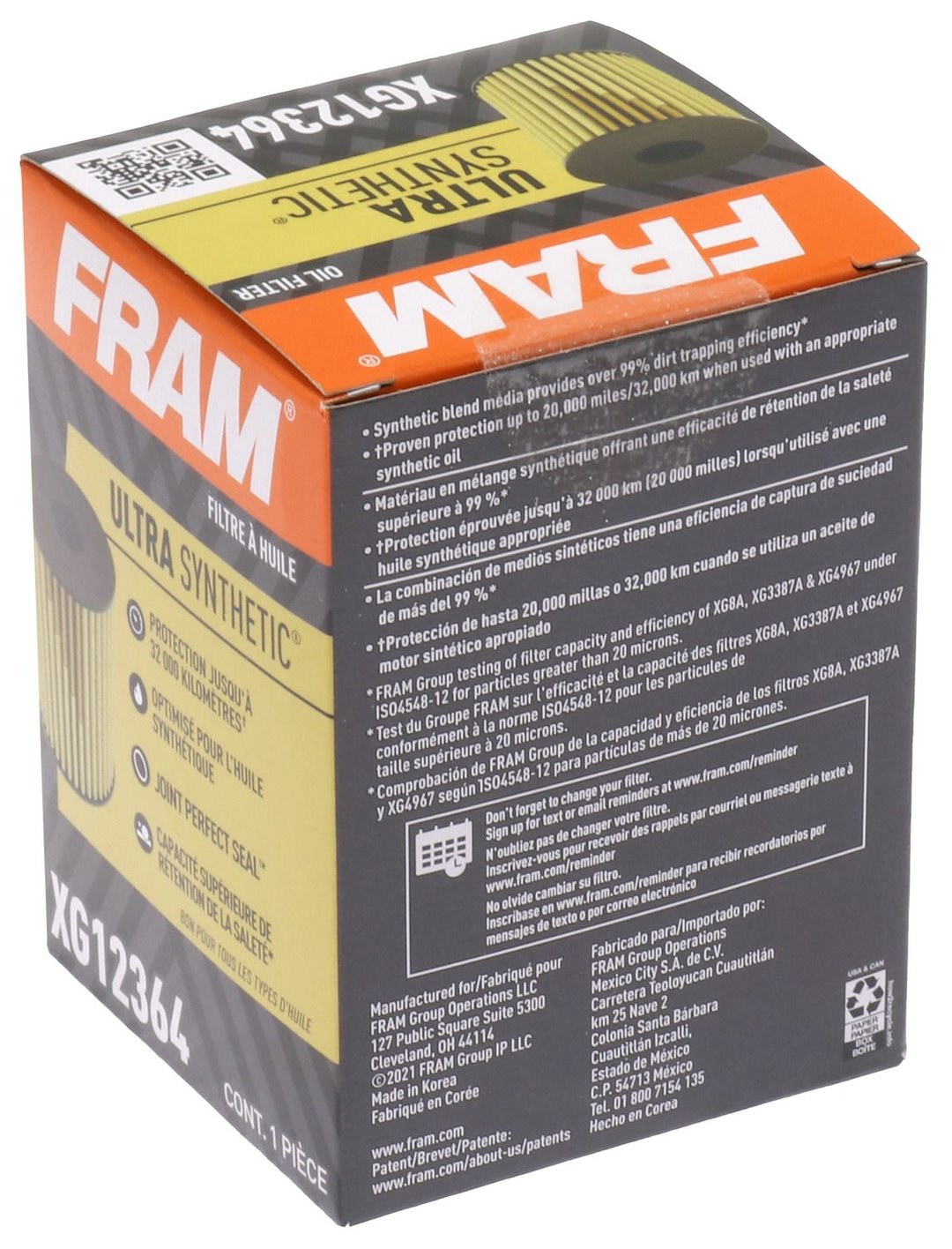 FRAM Oil Filter, Ultra Synthetic®, Cartridge Style, Synthetic Filter Material, Without Anti Drain Back Valve, Without Bypass Valve – FXG12364