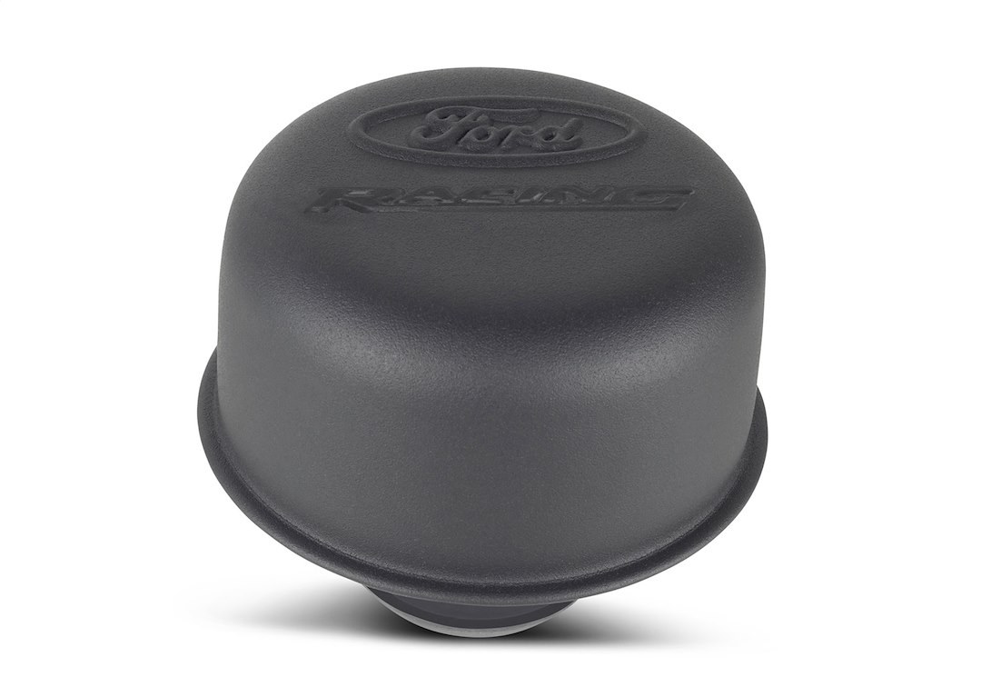 Ford Crankcase Breather Cap, Round, Twist IN, Black Crinkle, With Ford Racing Logo – 302-216