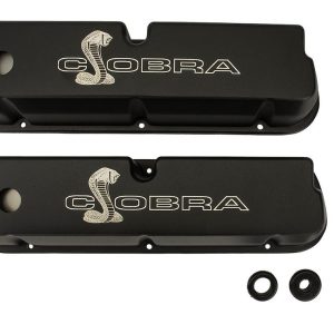 Ford Valve Cover, Fits Ford 289/ 302/ 351W, With Oil Fill Hole, Without Breather, With Baffle, Cobra Snake Logo, Black Satin – M-6582-LE302SBK