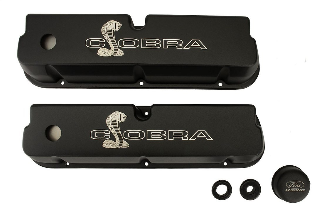 Ford Valve Cover, Fits Ford 289/ 302/ 351W, With Oil Fill Hole, Without Breather, With Baffle, Cobra Snake Logo, Black Satin – M-6582-LE302SBK