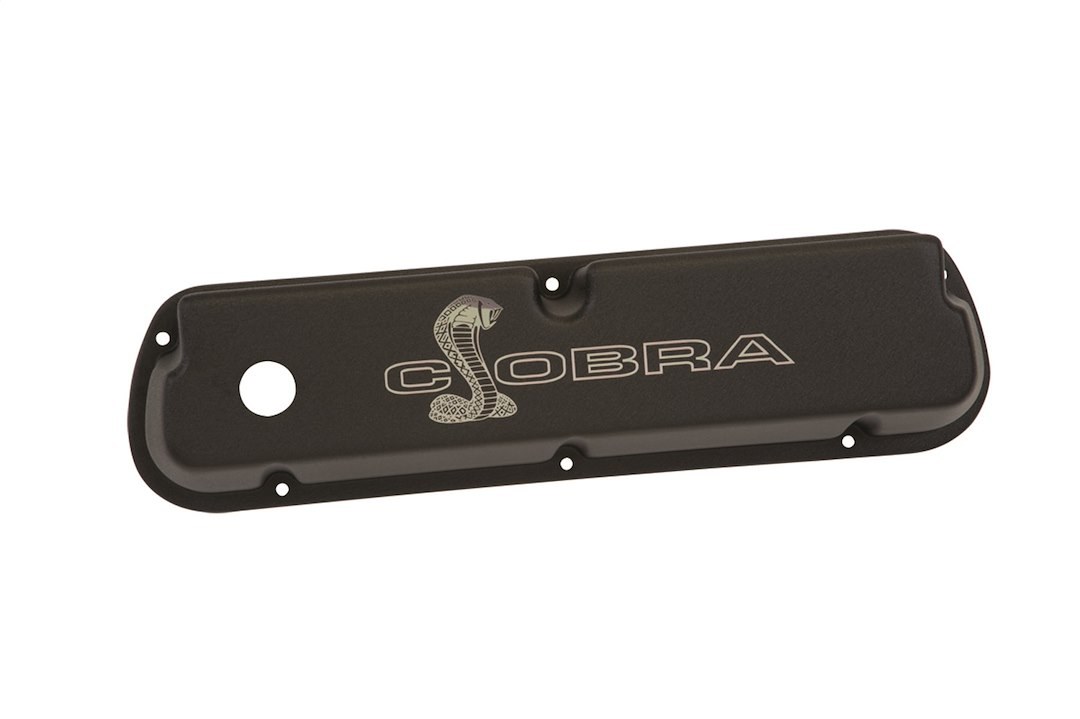 Ford Valve Cover, Fits Ford 289/ 302/ 351W, With Oil Fill Hole, Without Breather, With Baffle, Cobra Snake Logo, Black Satin – M-6582-LE302SBK