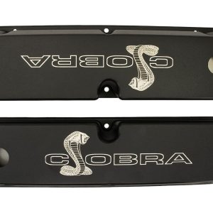 Ford Valve Cover, Fits Ford 289/ 302/ 351W, With Oil Fill Hole, Without Breather, With Baffle, Cobra Snake Logo, Black Satin – M-6582-LE302SBK
