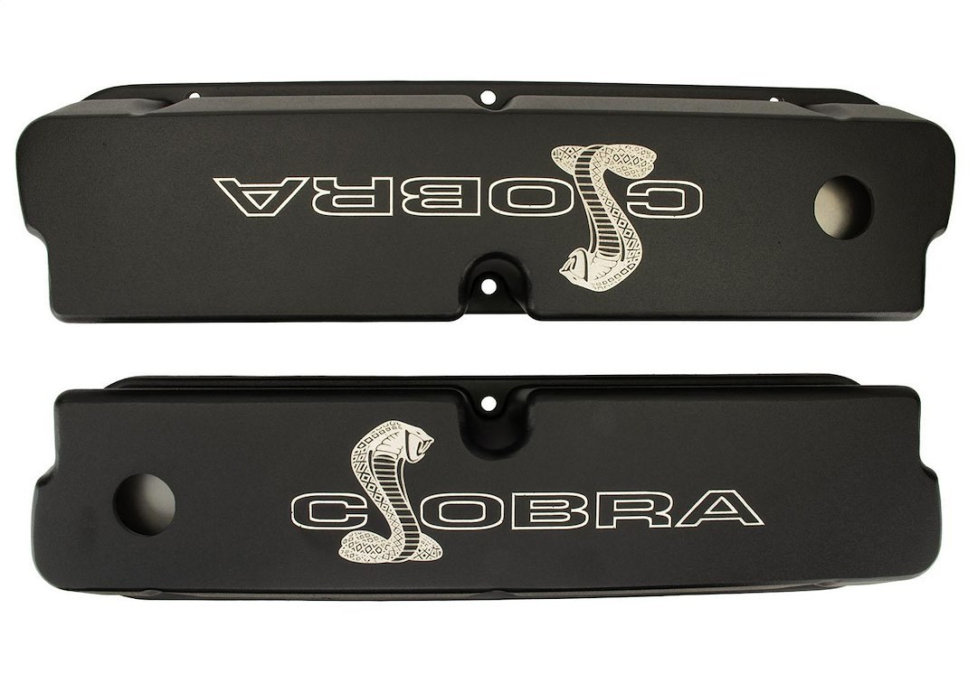 Ford Valve Cover, Fits Ford 289/ 302/ 351W, With Oil Fill Hole, Without Breather, With Baffle, Cobra Snake Logo, Black Satin – M-6582-LE302SBK