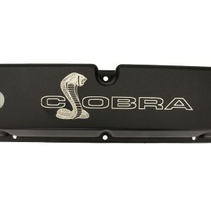Ford Valve Cover, Fits Ford 289/ 302/ 351W, With Oil Fill Hole, Without Breather, With Baffle, Cobra Snake Logo, Black Satin – M-6582-LE302SBK