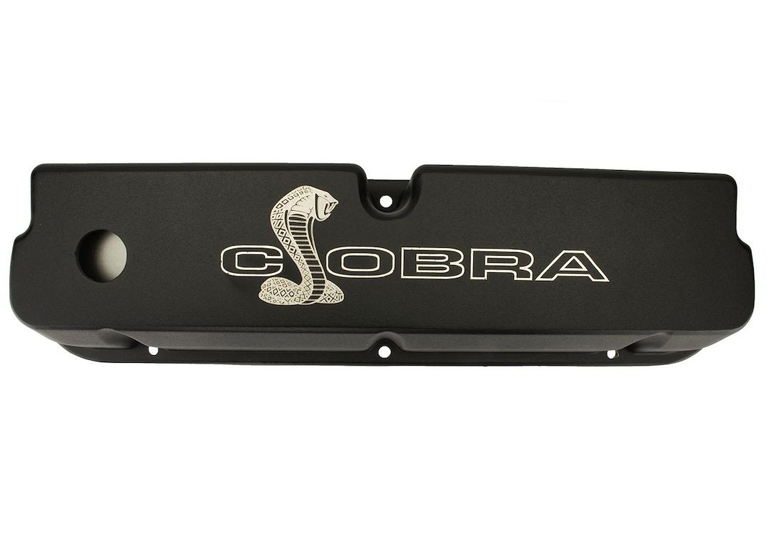 Ford Valve Cover, Fits Ford 289/ 302/ 351W, With Oil Fill Hole, Without Breather, With Baffle, Cobra Snake Logo, Black Satin – M-6582-LE302SBK