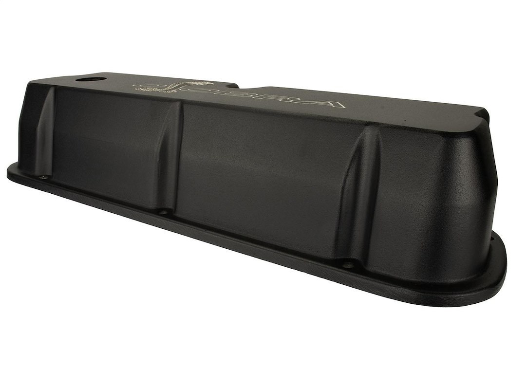 Ford Valve Cover, Fits Ford 289/ 302/ 351W, With Oil Fill Hole, Without Breather, With Baffle, Cobra Snake Logo, Black Satin – M-6582-LE302SBK