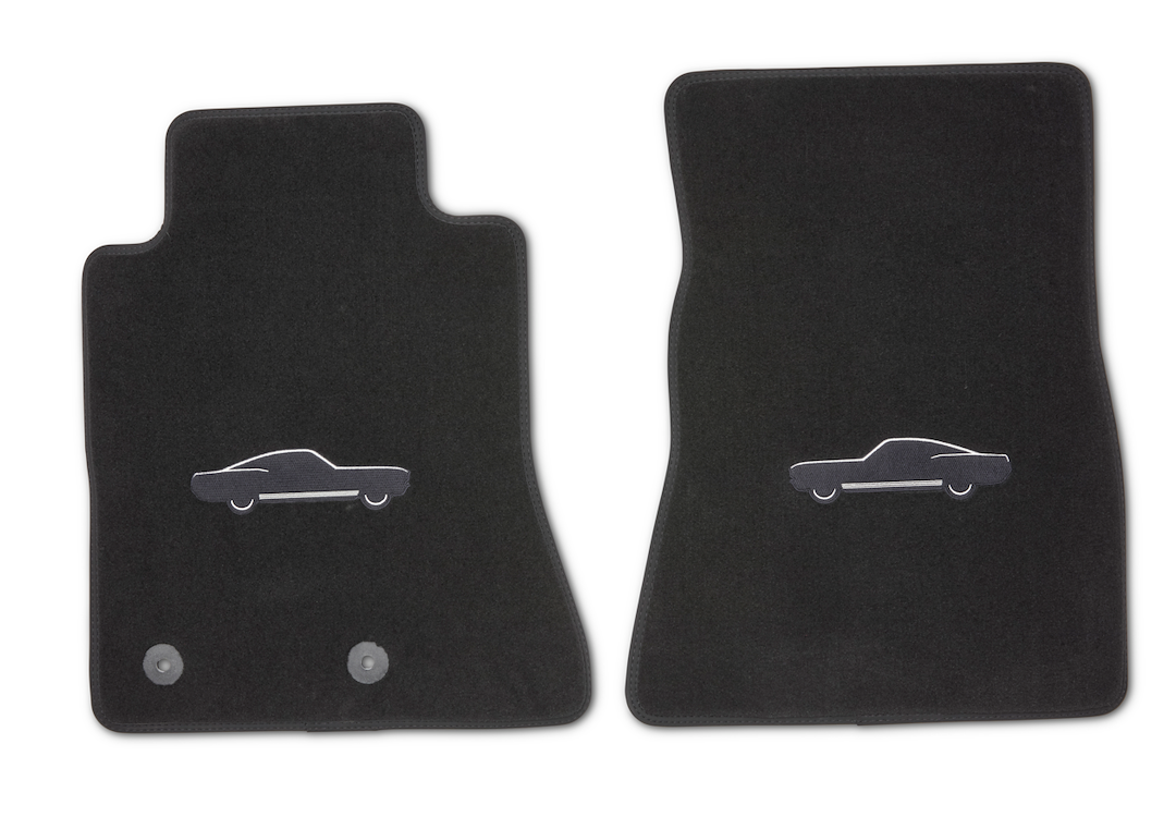 Ford Floor Mat, Black, Direct-Fit, Silver Embroidered 1965 Mustang Logo, Carpeting, 2 Piece – M-13086-M6