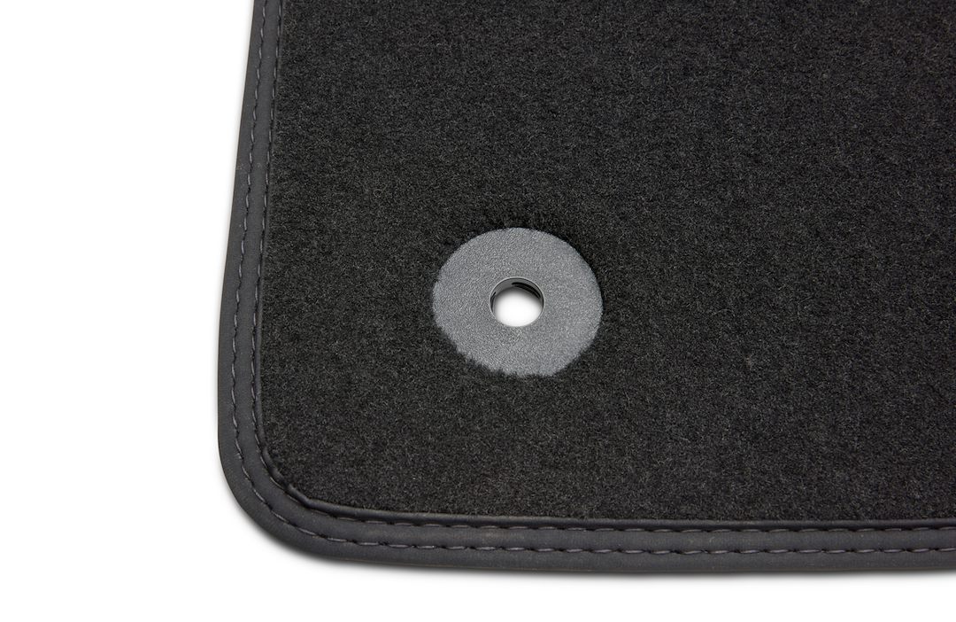 Ford Floor Mat, Black, Direct-Fit, Silver Embroidered 1965 Mustang Logo, Carpeting, 2 Piece – M-13086-M6