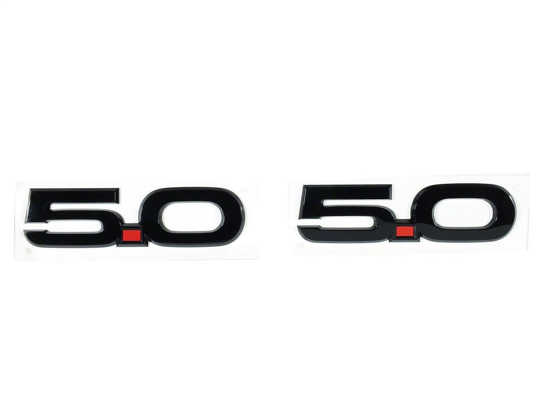 Ford Emblem, For Mustang 5.0, With Right and Left Side 5.0 Emblems, Black 5/ Red Point/ Black 0, Injection Molded Plastic – M-1447-M50AB