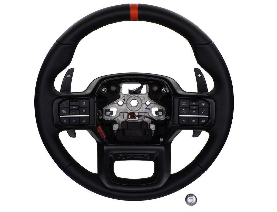 Ford Steering Wheel, 3 Spoke, Black Leather Grip, Black Spokes, With Cruise Control Buttons, Single Bolt – M-3600-F15B