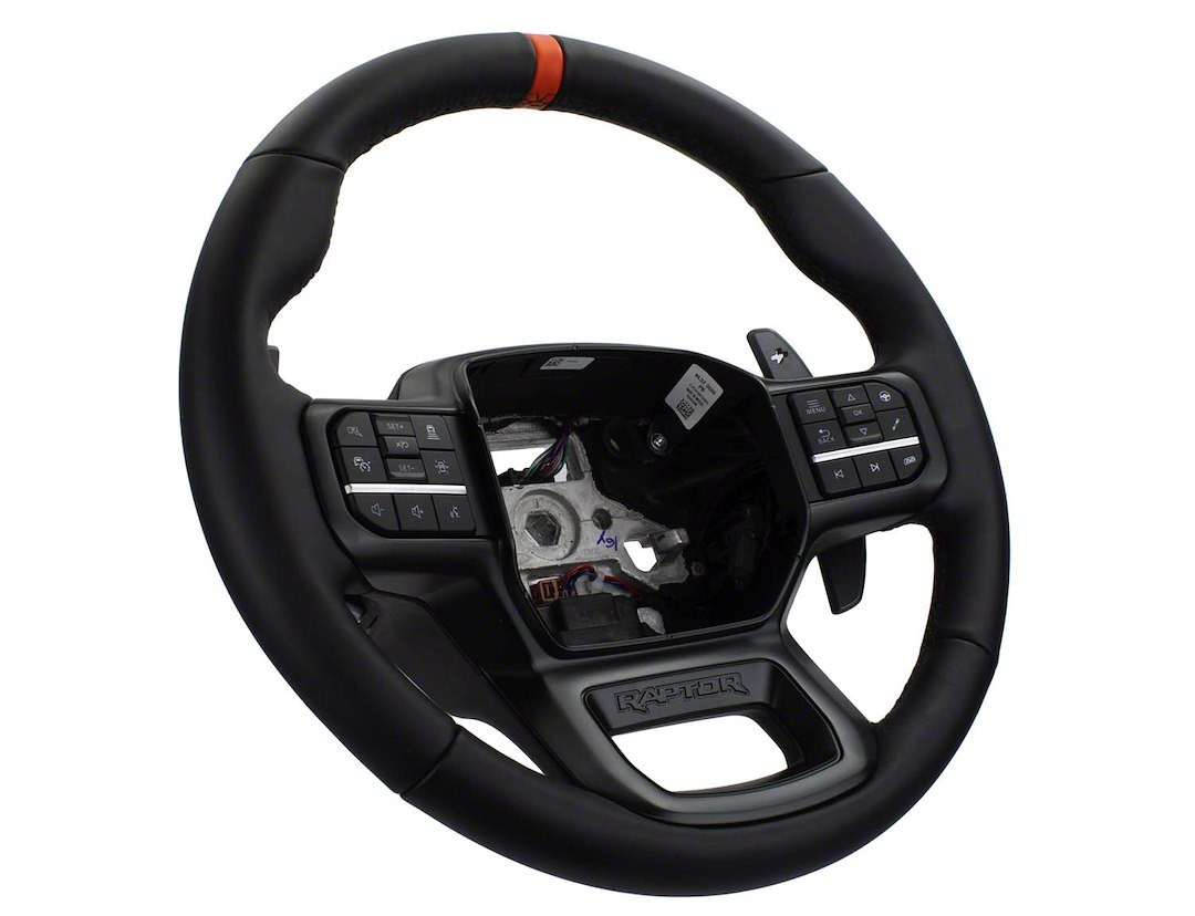 Ford Steering Wheel, 3 Spoke, Black Leather Grip, Black Spokes, With Cruise Control Buttons, Single Bolt – M-3600-F15B