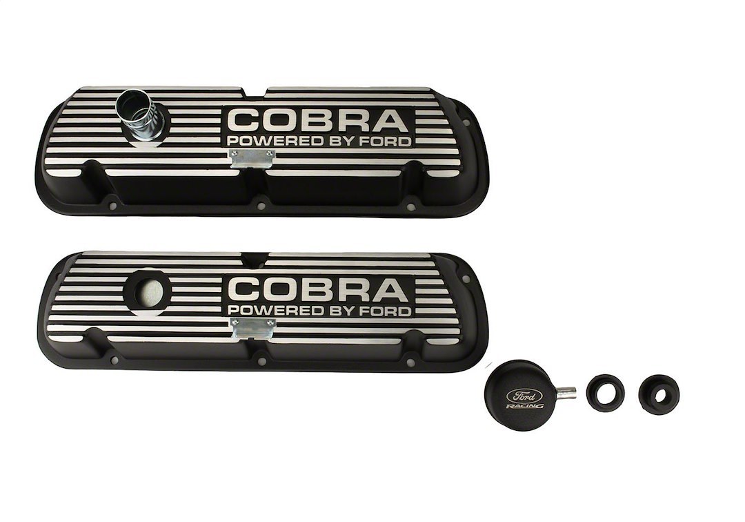 Ford Valve Cover, With Oil Fill Hole, Without Breather, With Baffle, Cobra Logo, Black Satin, Die Cast Aluminumset of 2 – M-6582-A