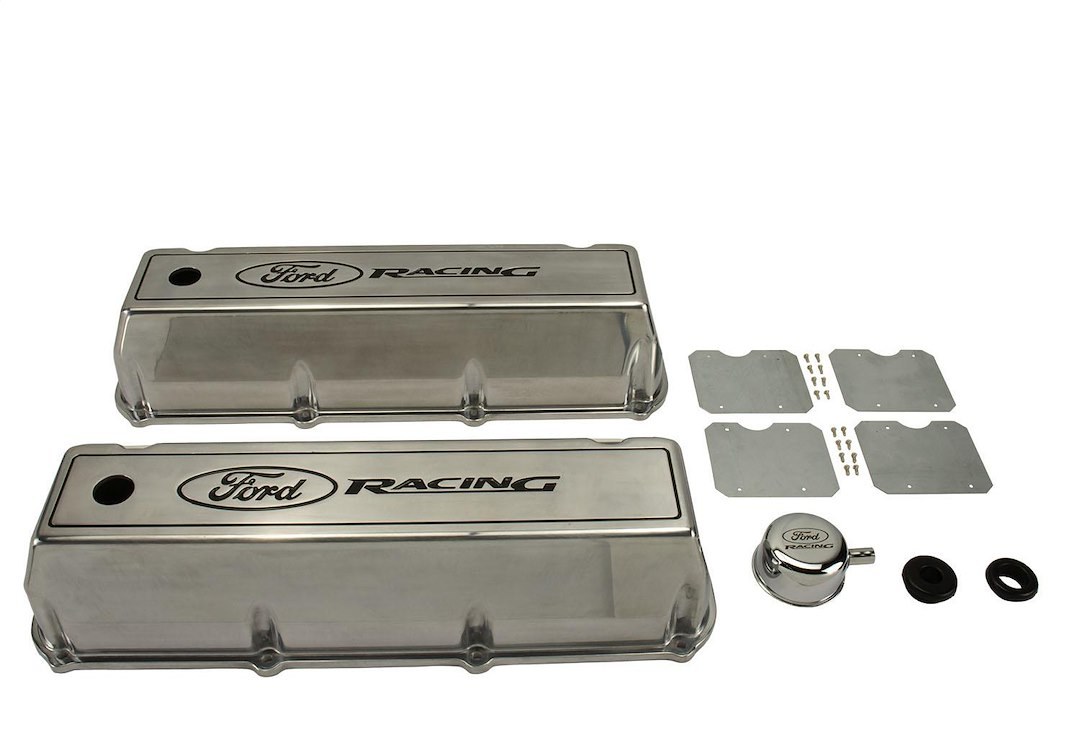 Ford Valve Cover, With Oil Fill Hole, Without Breather, With Baffle, Ford Racing Logo, Polished, Die Cast Aluminumset of 2 – M-6582-C460