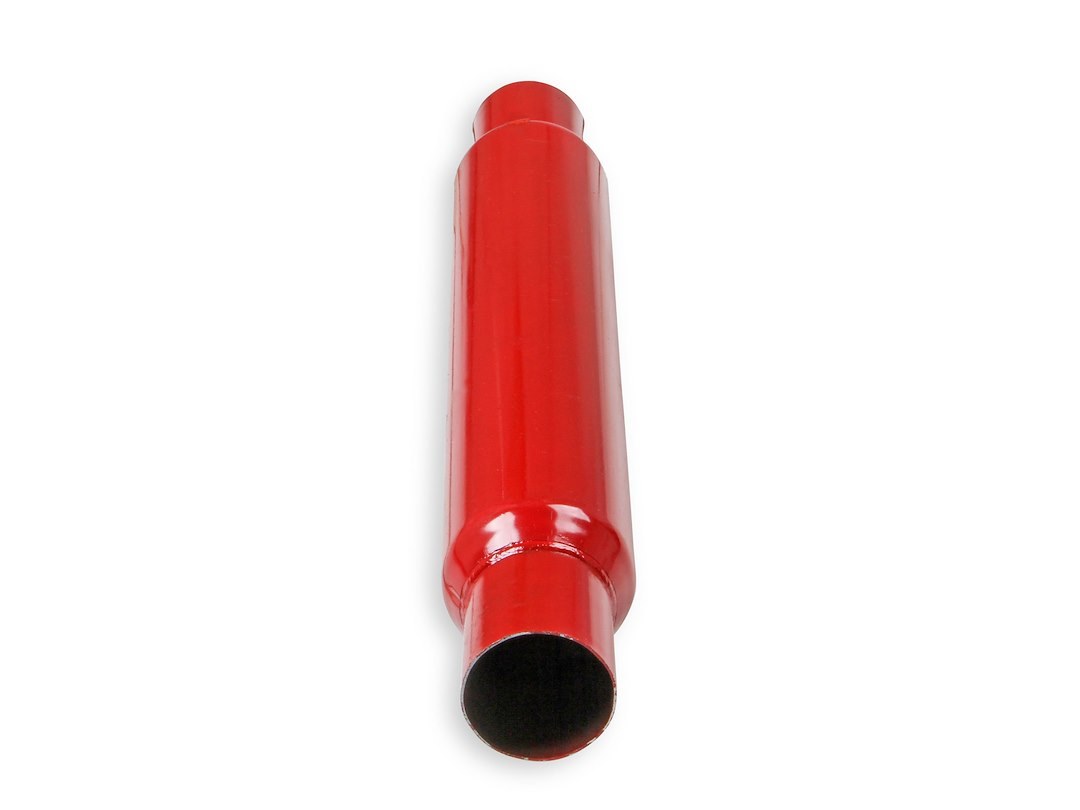 Flow Tech Exhaust Muffler, Red Hots ™, 3-1/2 Inch Diameter Steel Case, Single 2 Inch Center Inlet, Single 2 Inch Center Outlet – 50250FLT