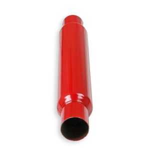 Flow Tech Exhaust Muffler, Red Hots ™, 3-1/2 Inch Diameter Steel Case, Single 2-1/4 Inch Center Inlet, Single 2-1/4 Inch Center Outlet – 50251FLT