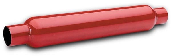 Flow Tech Exhaust Muffler, Red Hots ™, 3-1/2 Inch Diameter Steel Case, Single 2-1/4 Inch Center Inlet, Single 2-1/4 Inch Center Outlet – 50251FLT