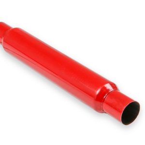 Flow Tech Exhaust Muffler, Red Hots ™, 3-1/2 Inch Diameter Steel Case, Single 2-1/2 Inch Center Inlet, Single 2-1/2 Inch Center Outlet – 50252FLT