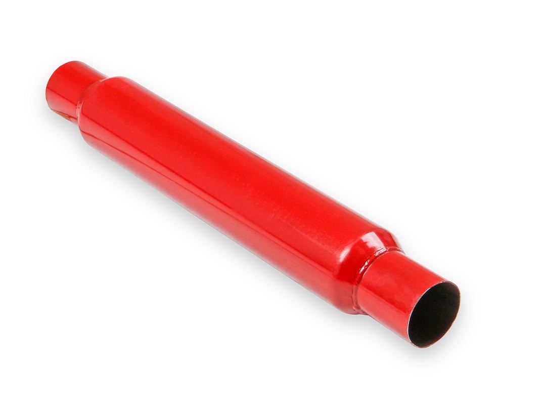Flow Tech Exhaust Muffler, Red Hots ™, 3-1/2 Inch Diameter Steel Case, Single 2-1/2 Inch Center Inlet, Single 2-1/2 Inch Center Outlet – 50252FLT