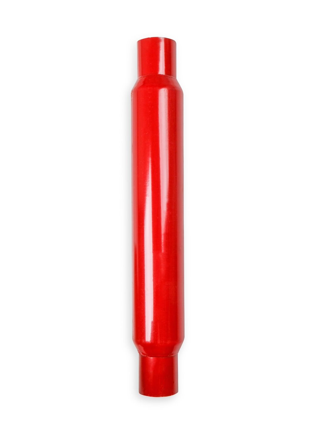 Flow Tech Exhaust Muffler, Red Hots ™, 3-1/2 Inch Diameter Steel Case, Single 2-1/2 Inch Center Inlet, Single 2-1/2 Inch Center Outlet – 50252FLT