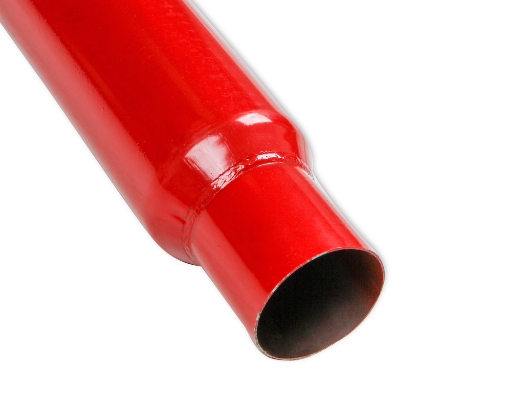 Flow Tech Exhaust Muffler, Red Hots ™, 3-1/2 Inch Diameter Steel Case, Single 2-1/2 Inch Center Inlet, Single 2-1/2 Inch Center Outlet – 50252FLT