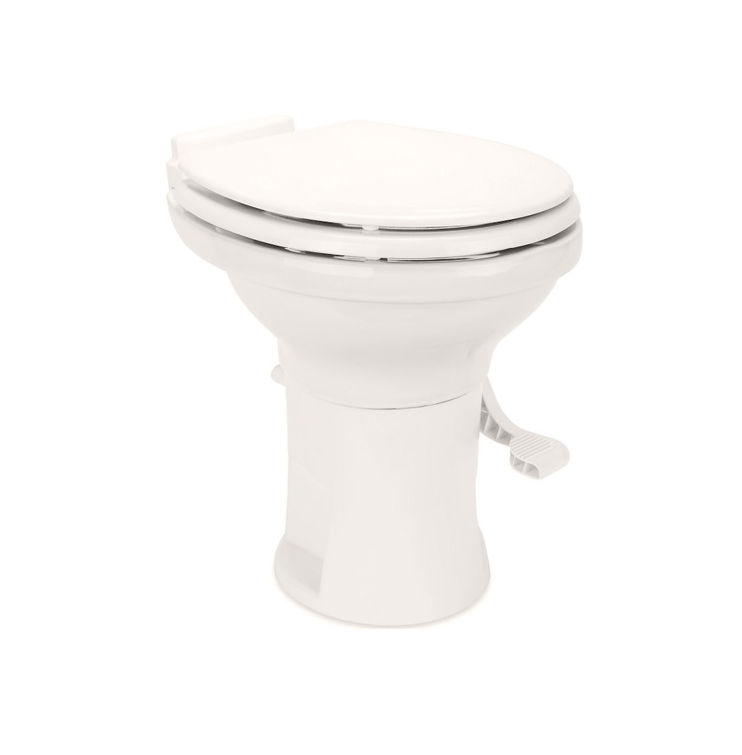 Fabtech Toilet, High Profile, Round Seat with 18 Inch Seat Height, Slow Close Wood Seat and Lid, Pedal Flush Control, Full Bowl Flush – FTLUBE