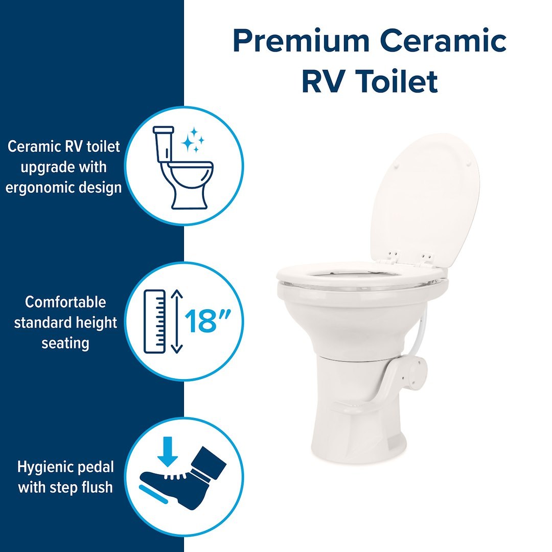 Fabtech Toilet, High Profile, Round Seat with 18 Inch Seat Height, Slow Close Wood Seat and Lid, Pedal Flush Control, Full Bowl Flush – FTLUBE
