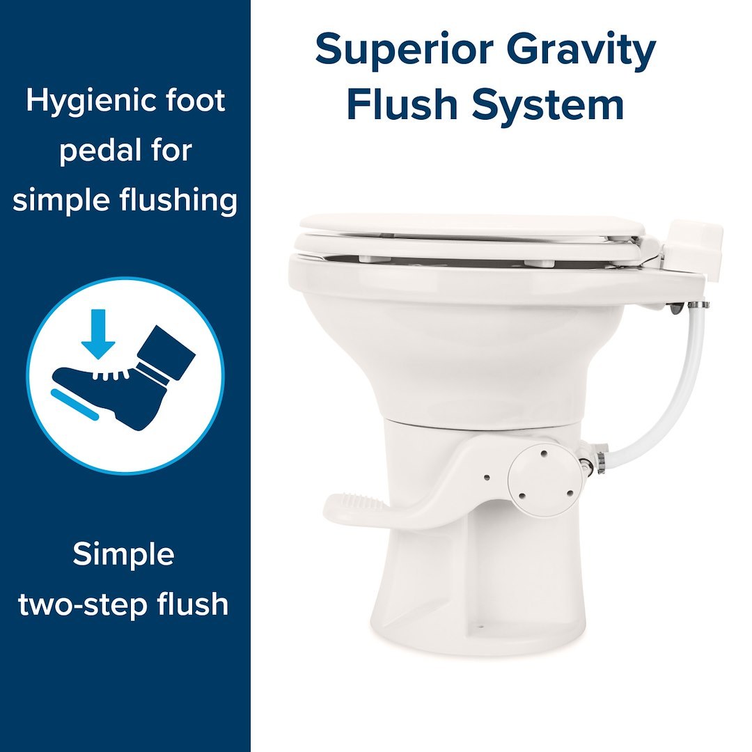 Fabtech Toilet, High Profile, Round Seat with 18 Inch Seat Height, Slow Close Wood Seat and Lid, Pedal Flush Control, Full Bowl Flush – FTLUBE