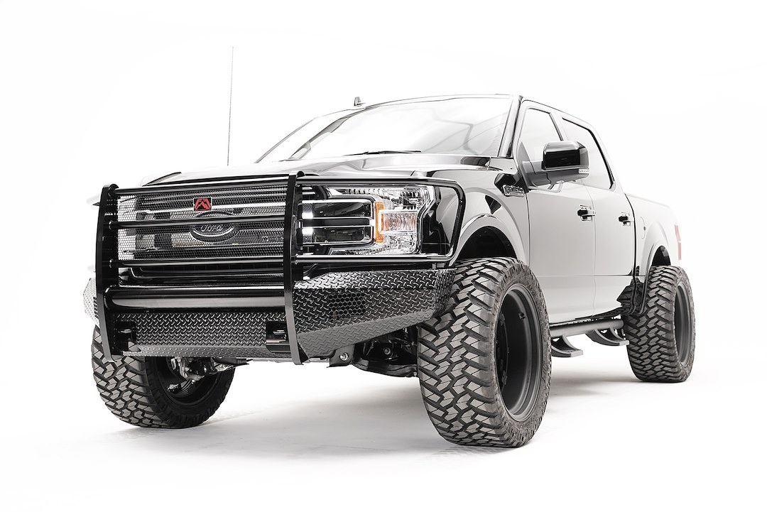Fab Fours Bumper, Black Steel, One Piece Design, Mounting Hardware Included, With Grille Guard, Without Winch Mount, With Tow Hooks – FF18-K4560-1