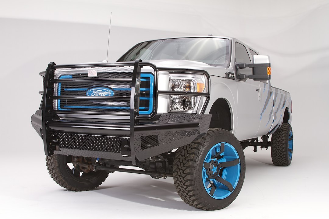 Fab Fours Bumper, Black Steel, One Piece Design, Mounting Hardware Included, With Grille Guard, Without Winch Mount, With Tow Hooks – FS11-S2560-1