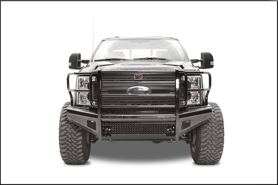 Fab Fours Bumper, Black Steel, One Piece Design, Mounting Hardware Included, With Grille Guard, Without Winch Mount, With Tow Hooks – FS17-S4160-1