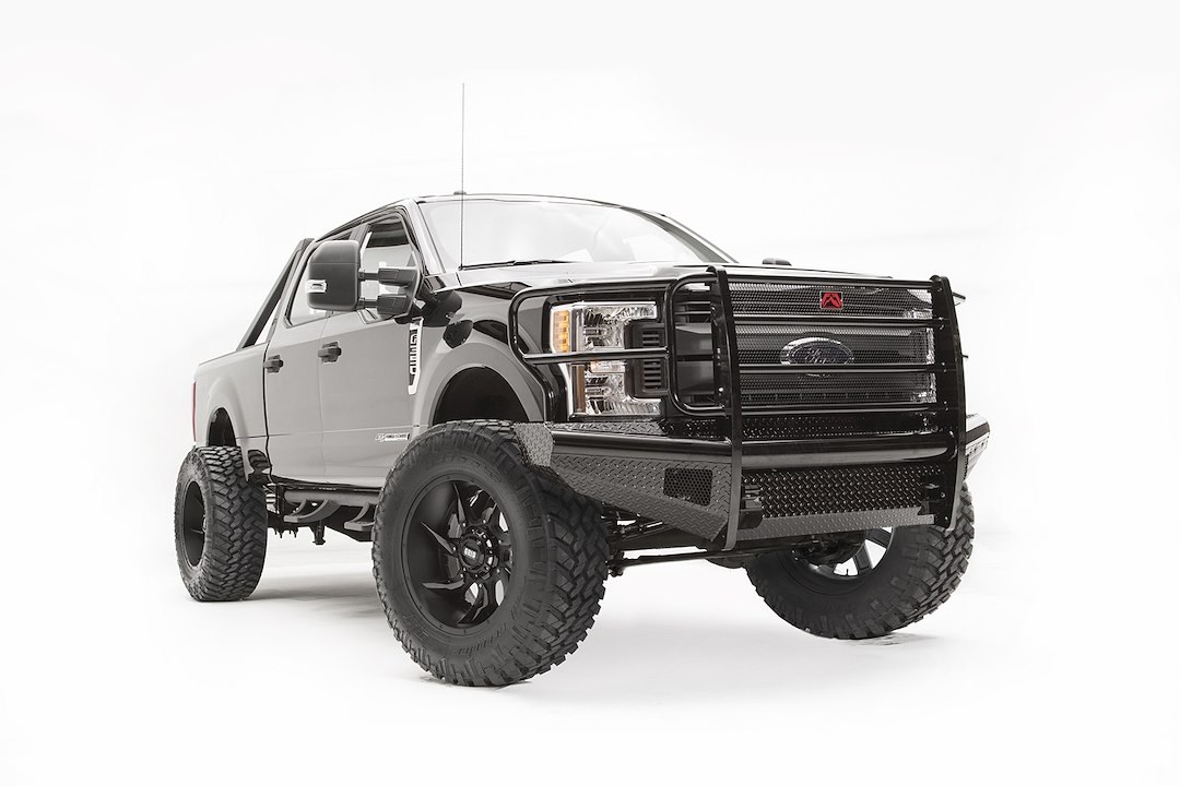 Fab Fours Bumper, Black Steel, One Piece Design, Mounting Hardware Included, With Grille Guard, Without Winch Mount, With Tow Hooks – FS17-S4160-1