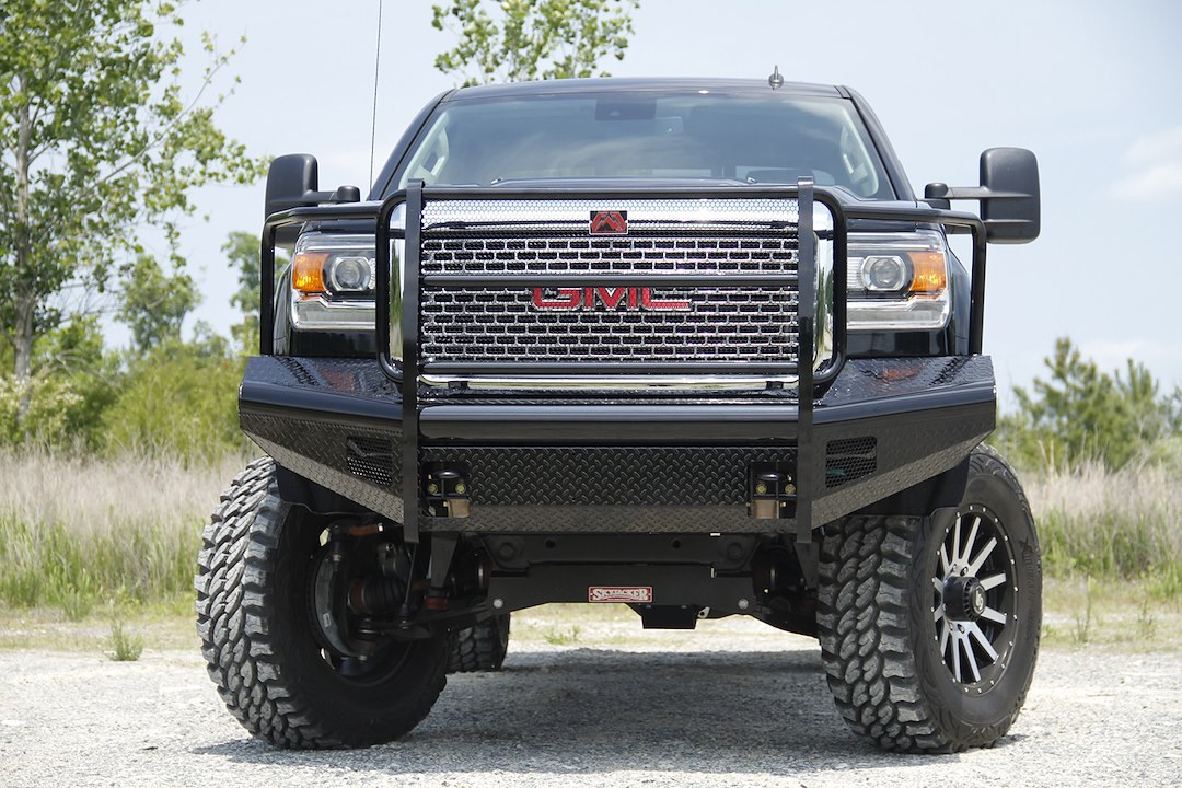 Fab Fours Bumper, Black Steel, One Piece Design, Mounting Hardware Included, With Grille Guard, Without Winch Mount, With Tow Hooks – GM08-S2160-1