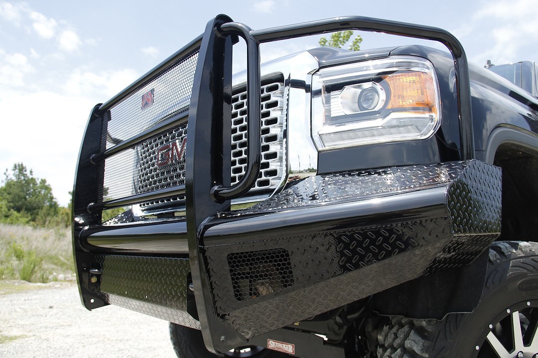 Fab Fours Bumper, Black Steel, One Piece Design, Mounting Hardware Included, With Grille Guard, Without Winch Mount, With Tow Hooks – GM11-S2860-1
