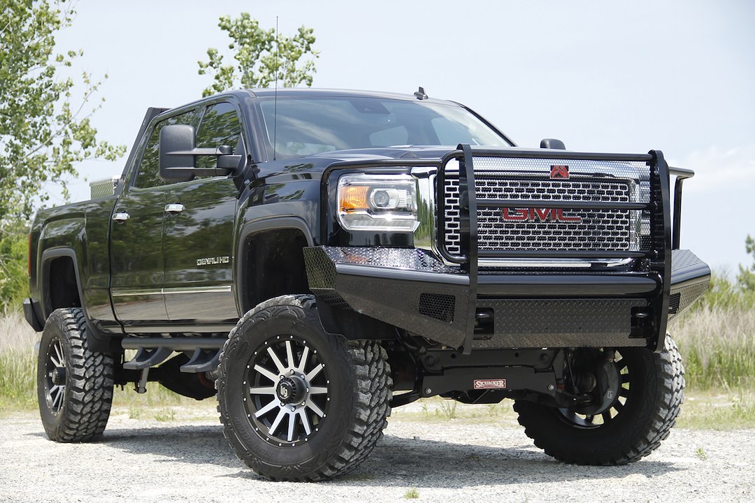 Fab Fours Bumper, Black Steel, One Piece Design, Mounting Hardware Included, With Grille Guard, Without Winch Mount, With Tow Hooks – GM11-S2860-1