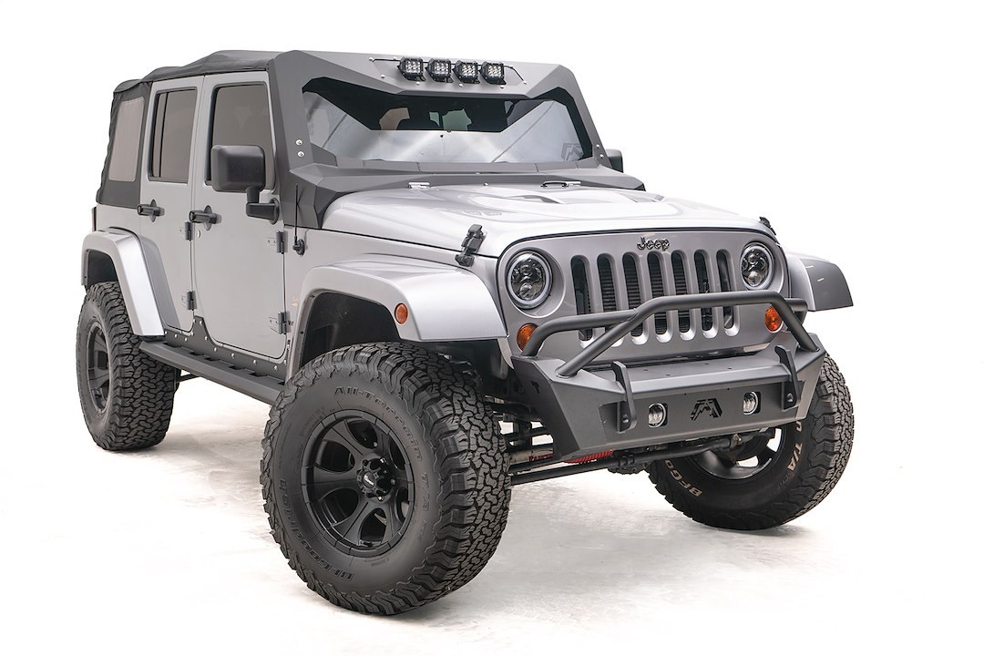 Fab Fours Bumper, Stubby Series, One Piece Design, Mounting Hardware Included, With Pre-Runner Guard, With External Winch Mount – JK07-B1952-1