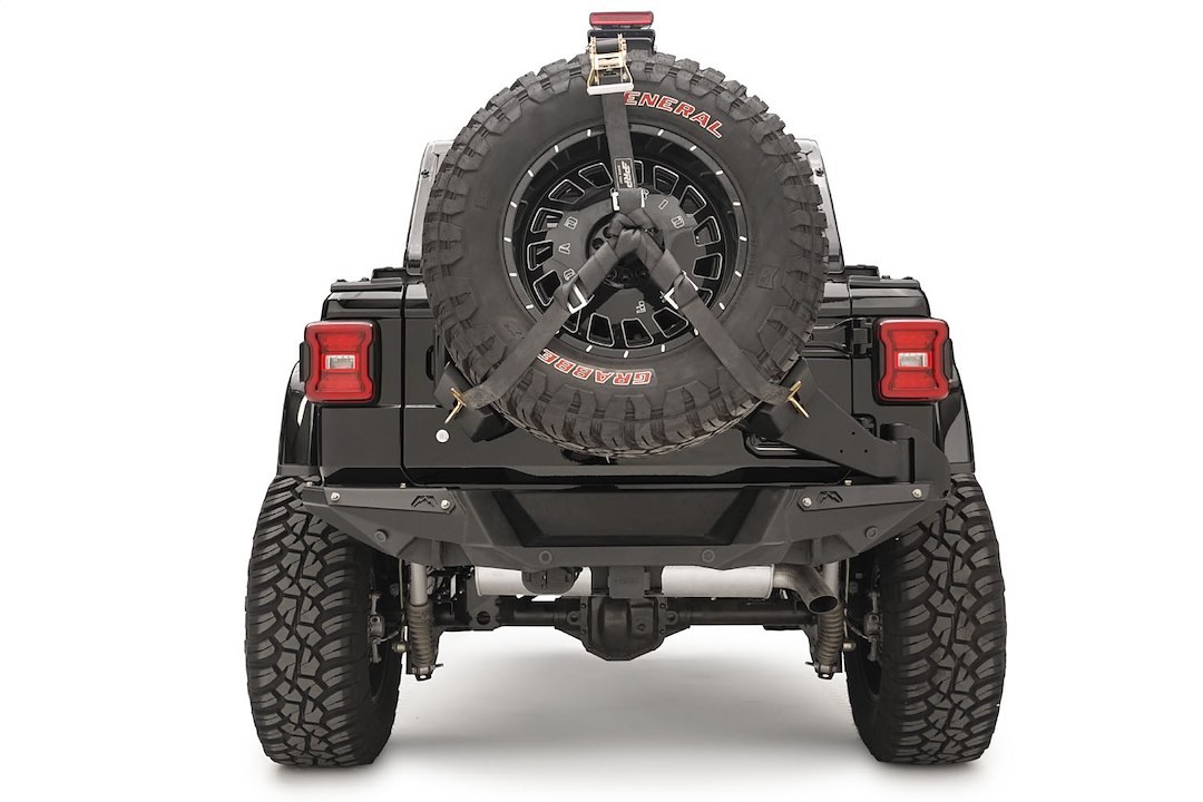 Fab Fours Spare Tire Carrier, Slant Back, Requires Base Bumper, 40 Inch Tire, Powder Coated Matte Black, Steel – JL2070-1