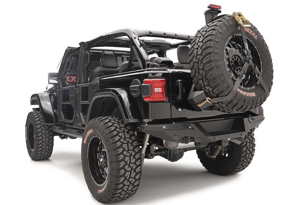 Fab Fours Spare Tire Carrier, Slant Back, Requires Base Bumper, 40 Inch Tire, Powder Coated Matte Black, Steel – JL2070-1